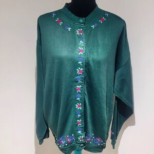 Lady Footlocker Women's 80's Vintage Floral Embroidered Cardigan Medium Green